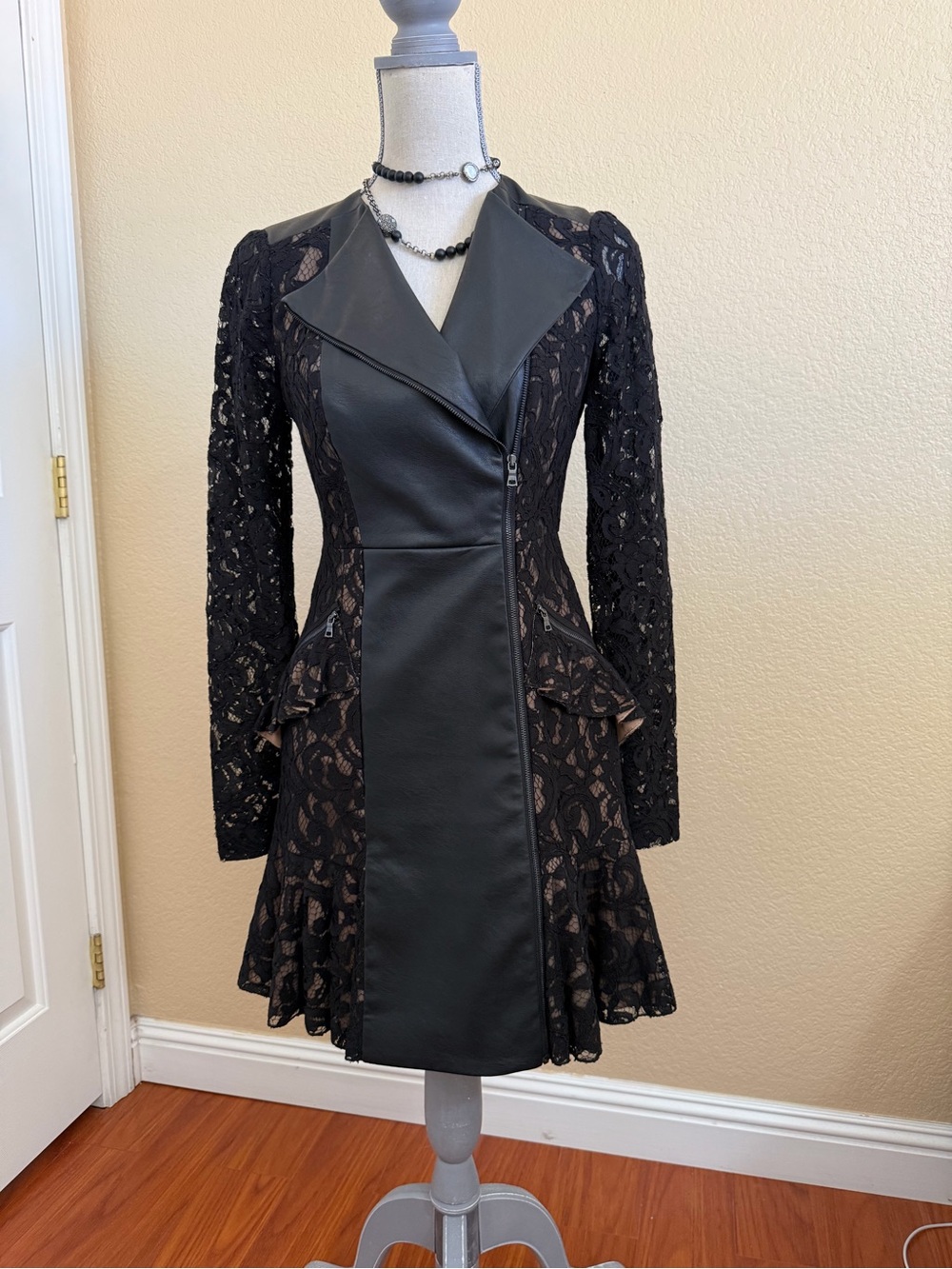 BCBG Black Lace & Faux Leather Fit-and-Flare Long Sleeve Dress